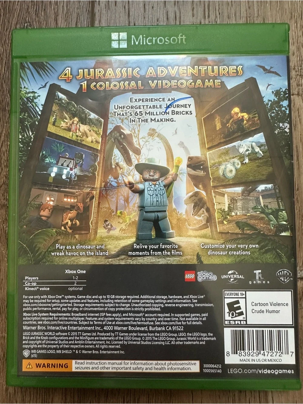 XBOX One Lego Jurassic Park, Video Game, WB Games, Rated Everyone 10+, Kid's Fun